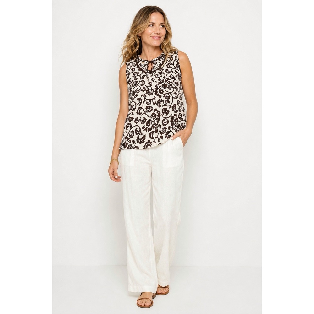 Talbots Large Brown Ivory Floral Sleeveless Blouse Tie Back 100% Cotton Top